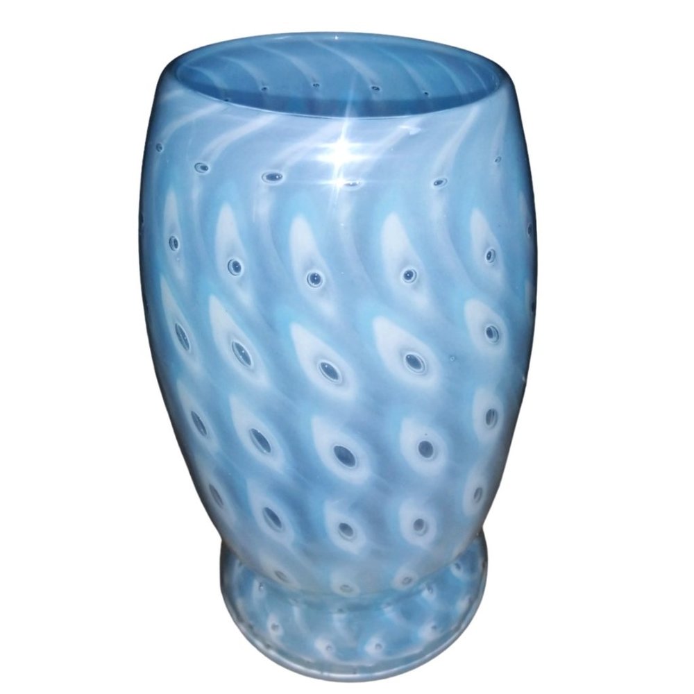 Blue Opalescent Controlled Bubble Glass Swirl Vase Peacock Eye Turquoise Vase